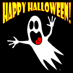 A halloween ghost screaming "Happy Halloween!"