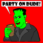 Frankenstein partying, holding a drink.